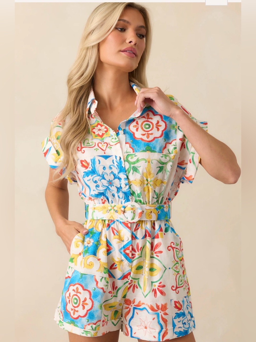 Prosperina Luca Blue Sicilian Tile Print Linen Romper - Picture 3 of 6